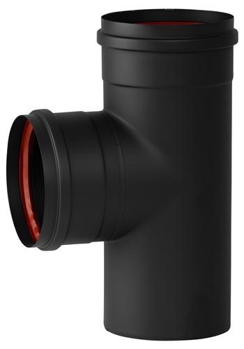 enkelwandig RVS pelletafvoer t-stuk met deksel  80mm zwart
